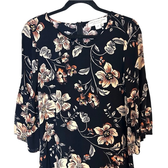 SaltwaterLUXE Black Hibiscus Bell Sleeve Ruffle Hem Mini Dress- Size Medium - Picture 3 of 11